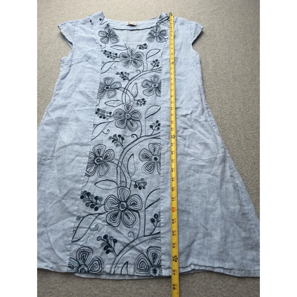 100% Lino Dress Womens Large Blue Embroidered Linen Boho Shift Pockets Italy - Picture 9 of 14